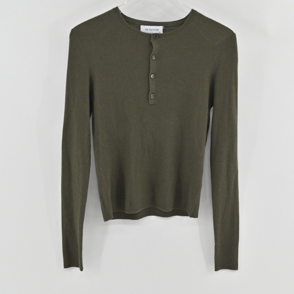 Blue & Cream Cashmere Sweater Womens Size M Olive Green Henley Rib The Tile Club